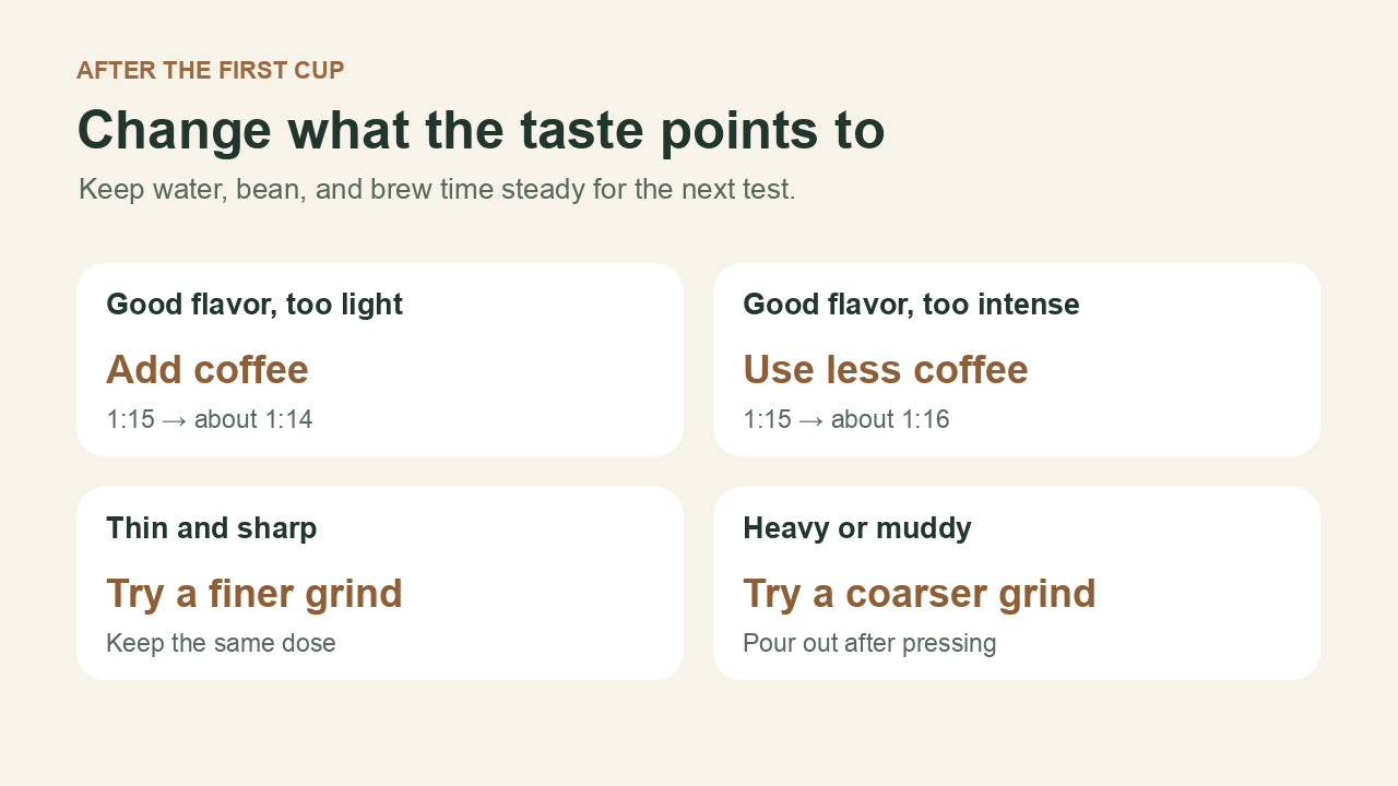 Taste guide for changing French press dose or grind after a first brew