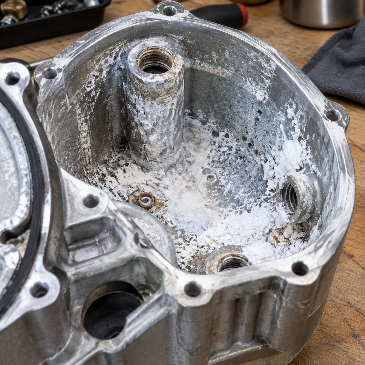 Disassembled Gaggia Classic boiler showing surfaces relevant to boiler and seal inspection