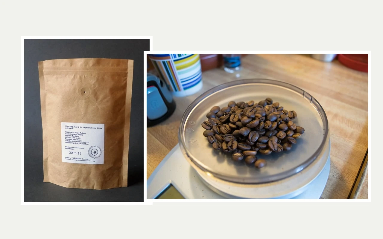 Sealed coffee bag beside whole beans on a scale