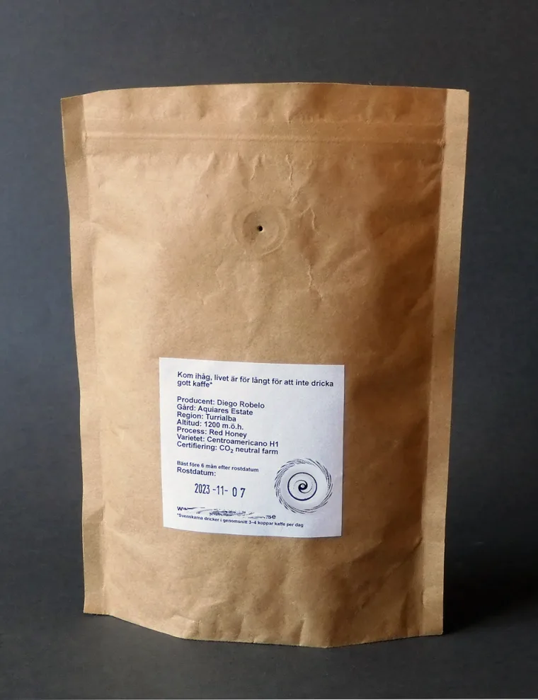 Real coffee bag with a printed roast date and a one-way valve