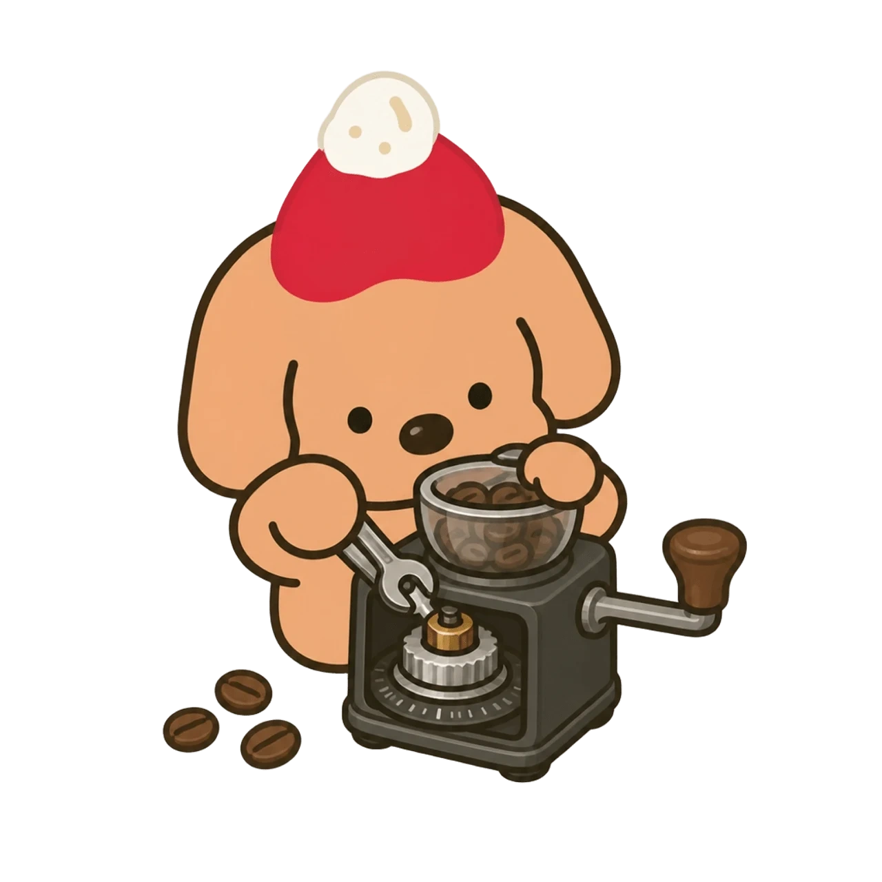 Small HBM dog mascot checking the adjustment collar on a hand coffee grinder