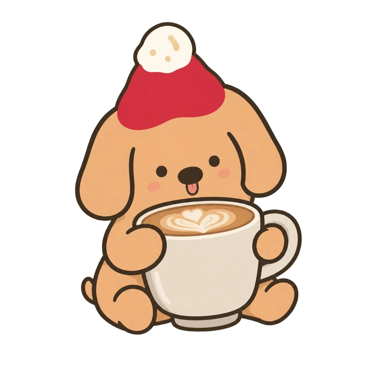 Small HBM dog mascot hugging a latte cup