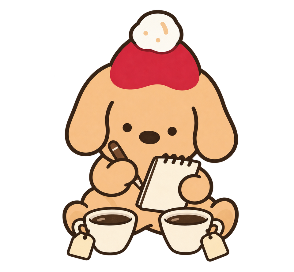 Small HBM dog mascot writing notes beside two coffee cups