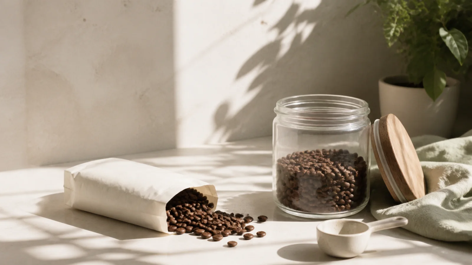 An opened coffee bag with roasted beans beside an airtight glass storage jar