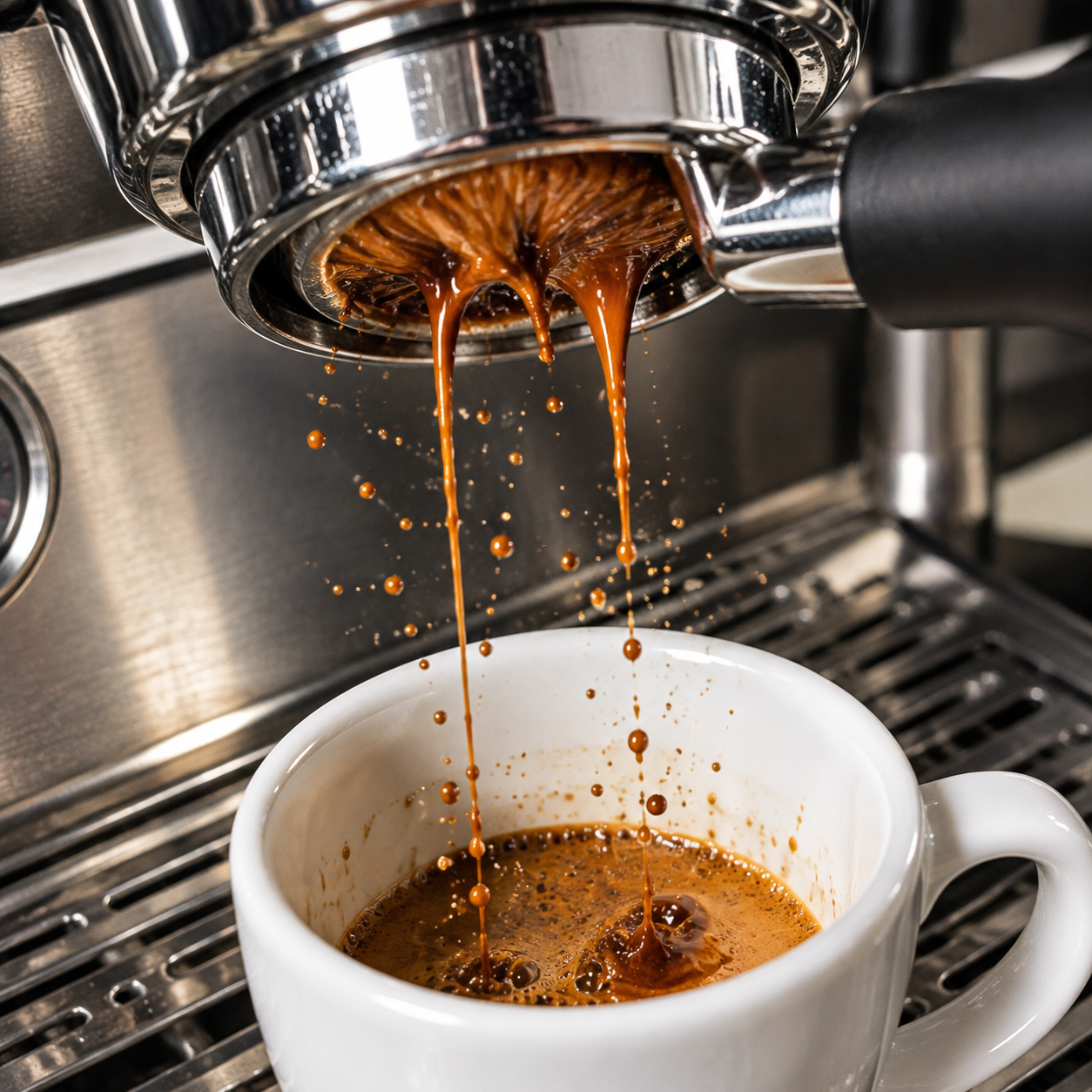 Espresso channeling and fine spray visible beneath a 54mm bottomless portafilter during high pressure extraction