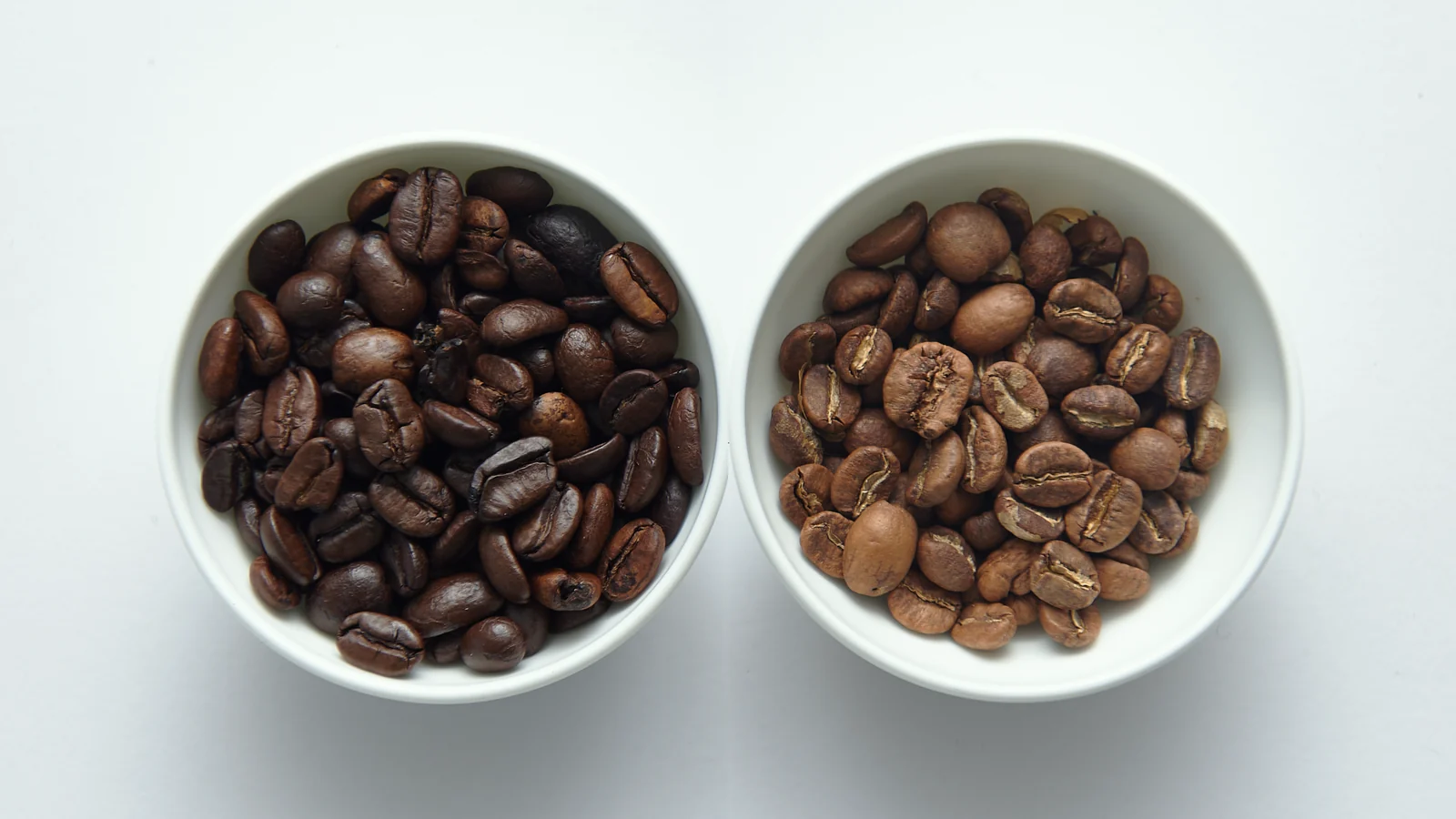 Coffee beans arranged from light roast to dark roast for a direct color comparison