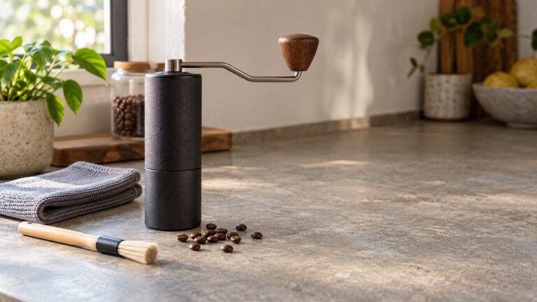 Hand coffee grinder, soft brush, and cloth on a kitchen counter