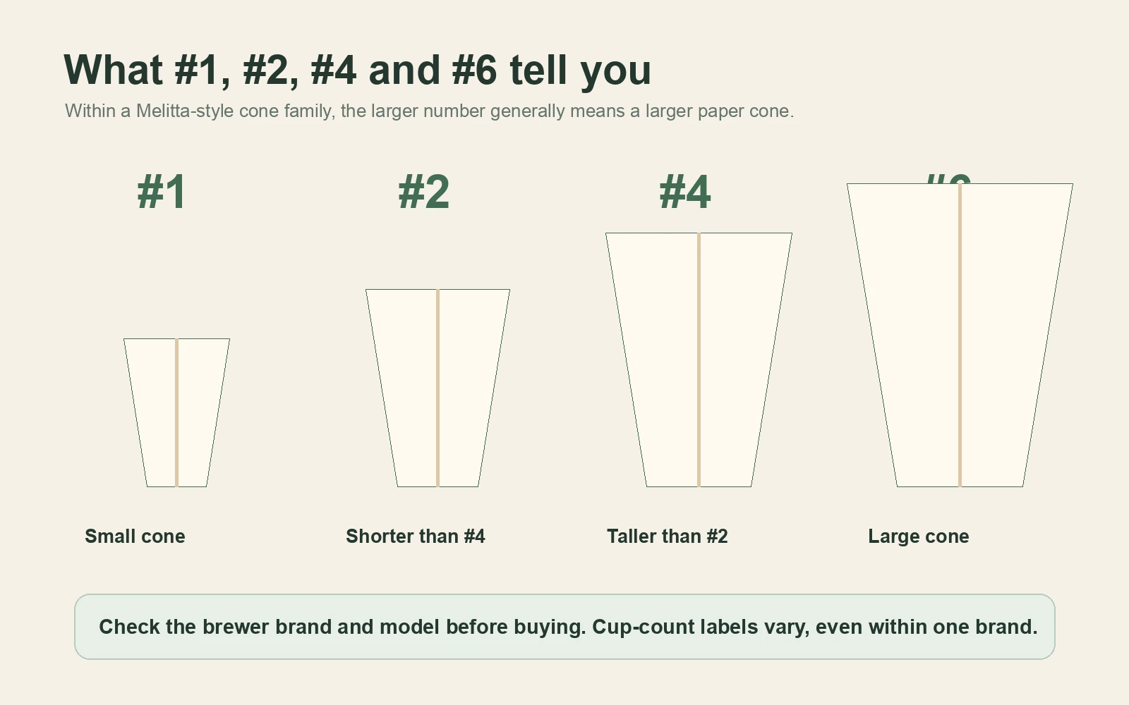 Melitta-style number chart comparing the relative cone sizes of number 1, 2, 4 and 6 filters