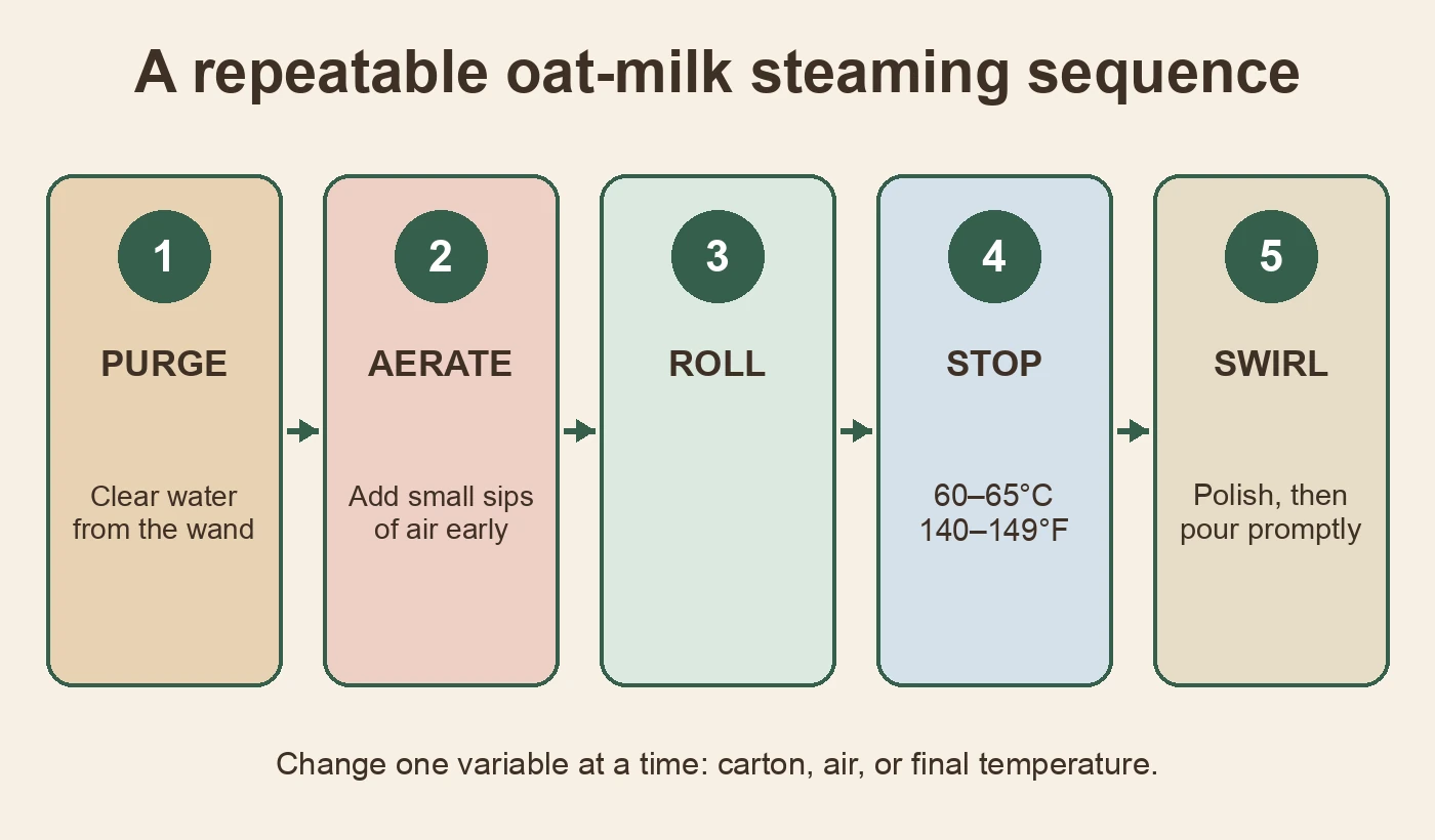 Five step oat milk steaming sequence from purge to swirl