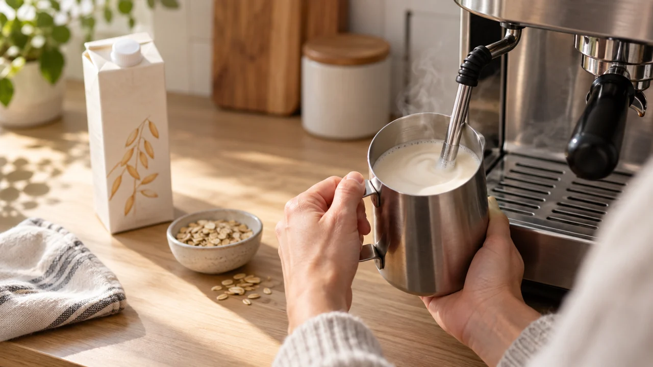 Home barista steaming oat milk in a stainless steel pitcher
