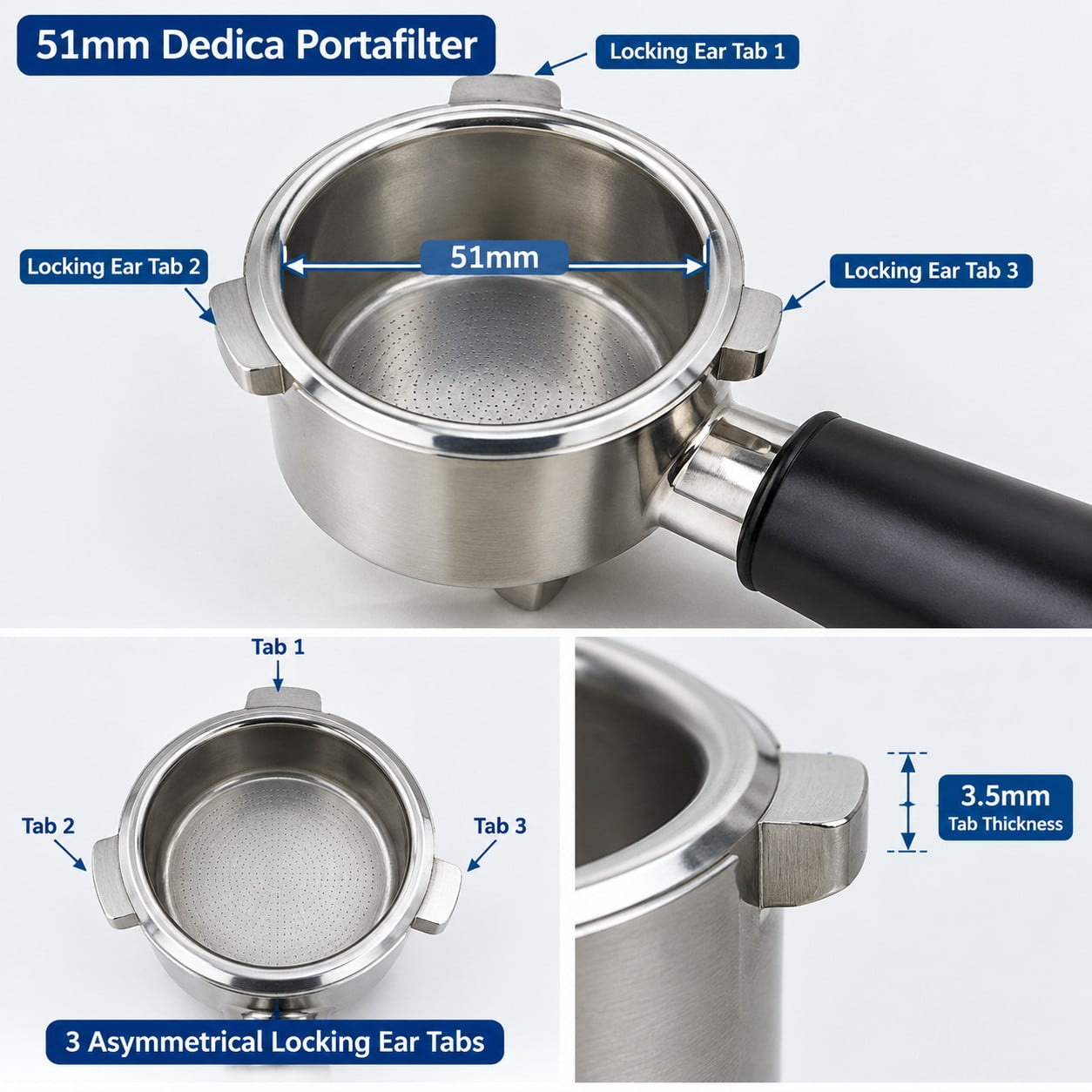 51mm three-ear portafilter locking collar and group head gasket area