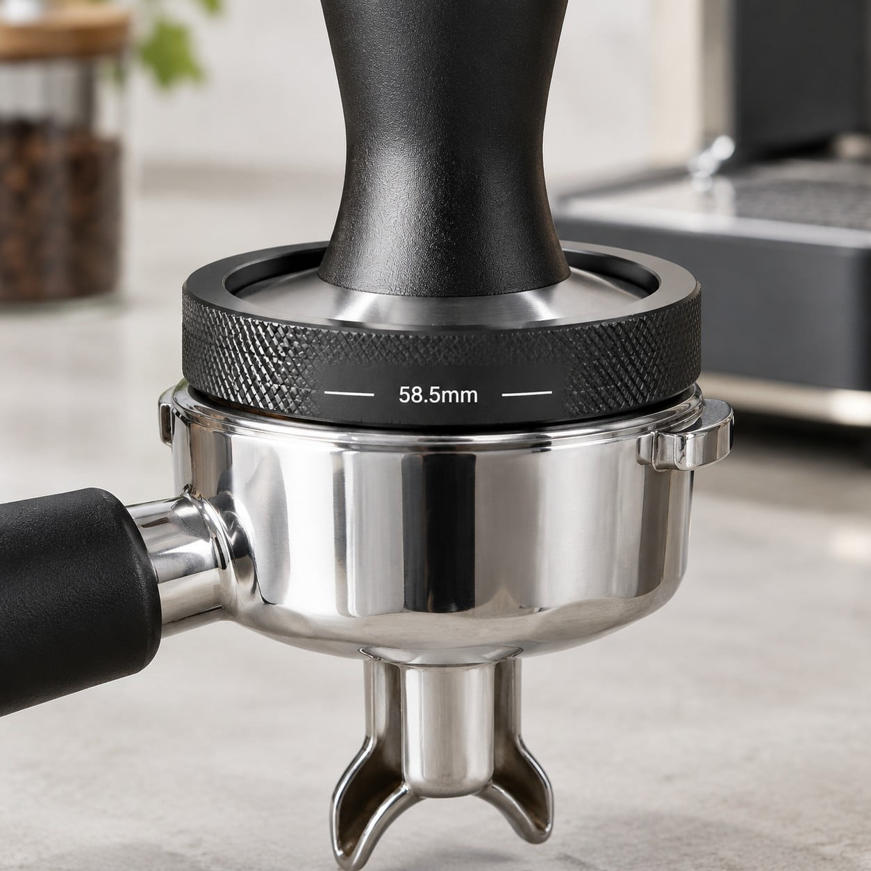 Close up view of precision tamper base resting evenly inside a 58mm basket