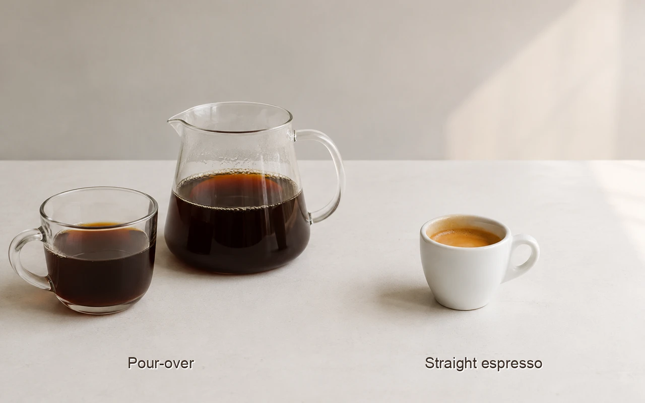 Natural-process brew comparison — the cup changes when the ceiling drops, the pump sticker does not