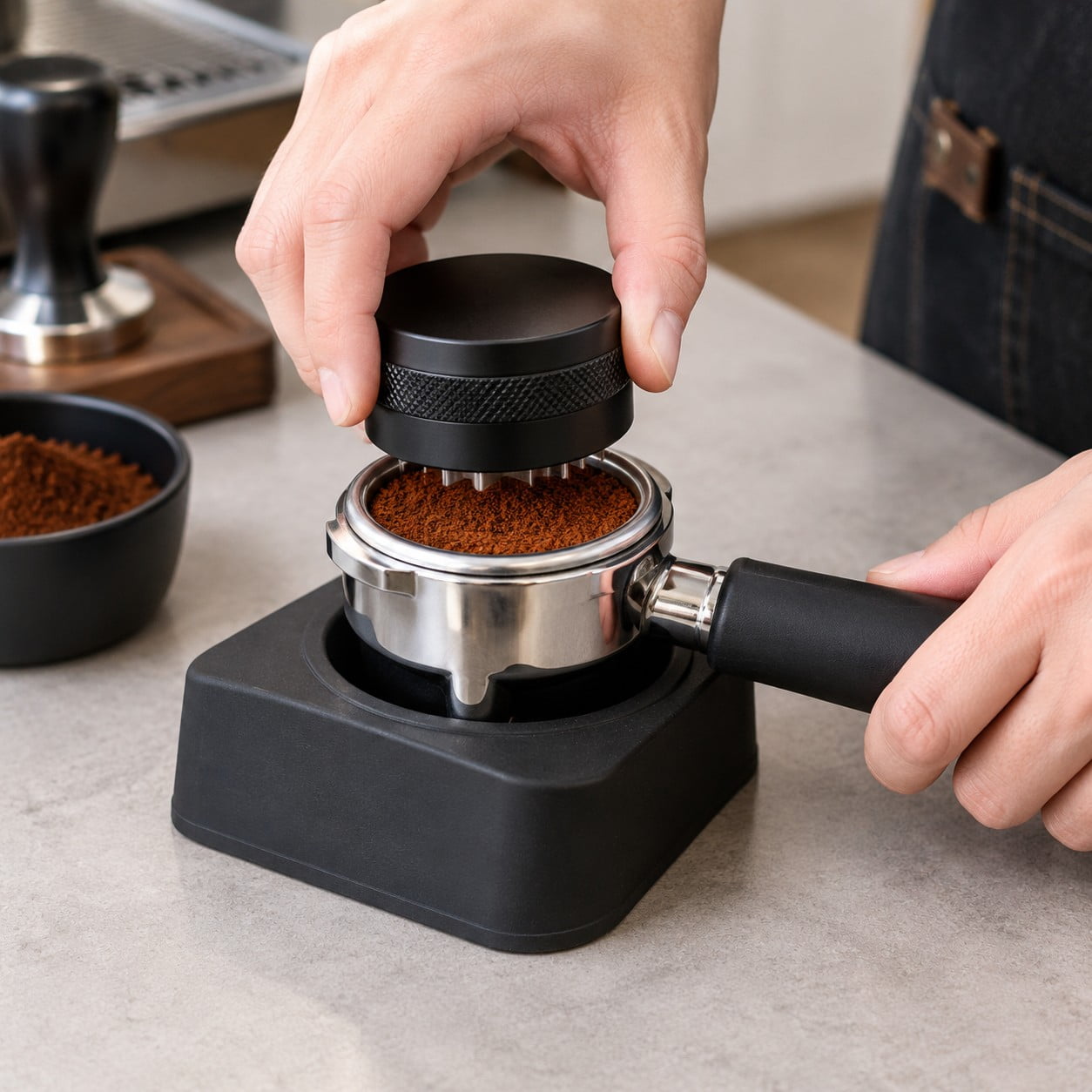 Coffee grounds being distributed and leveled inside a 54mm portafilter basket