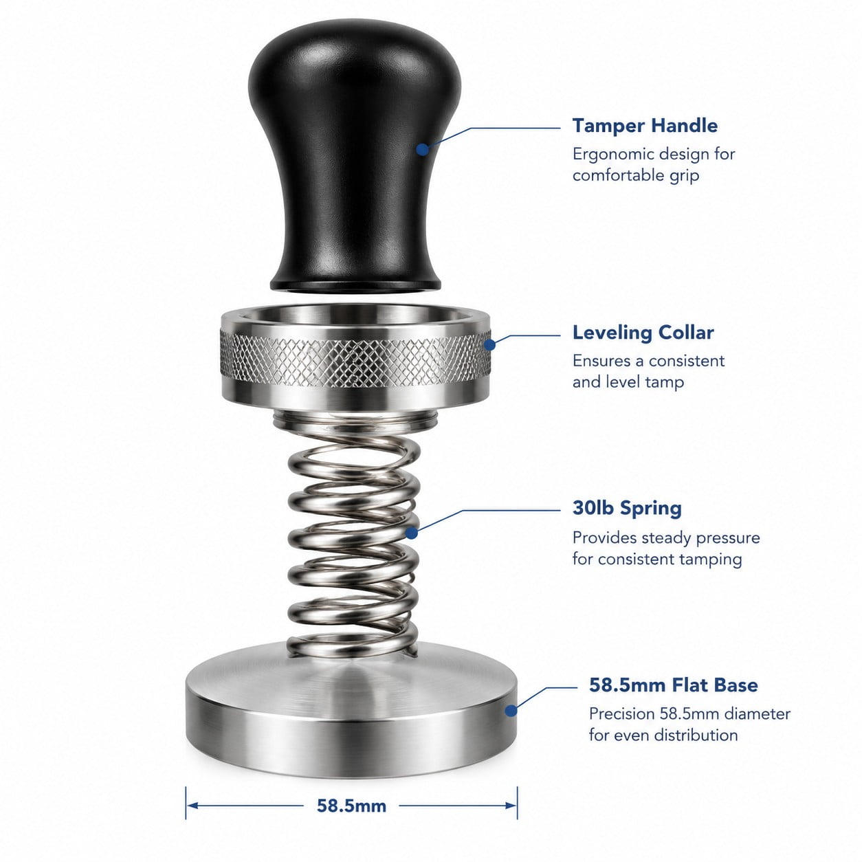 Barista pressing a spring-loaded calibrated tamper with leveling collar on portafilter