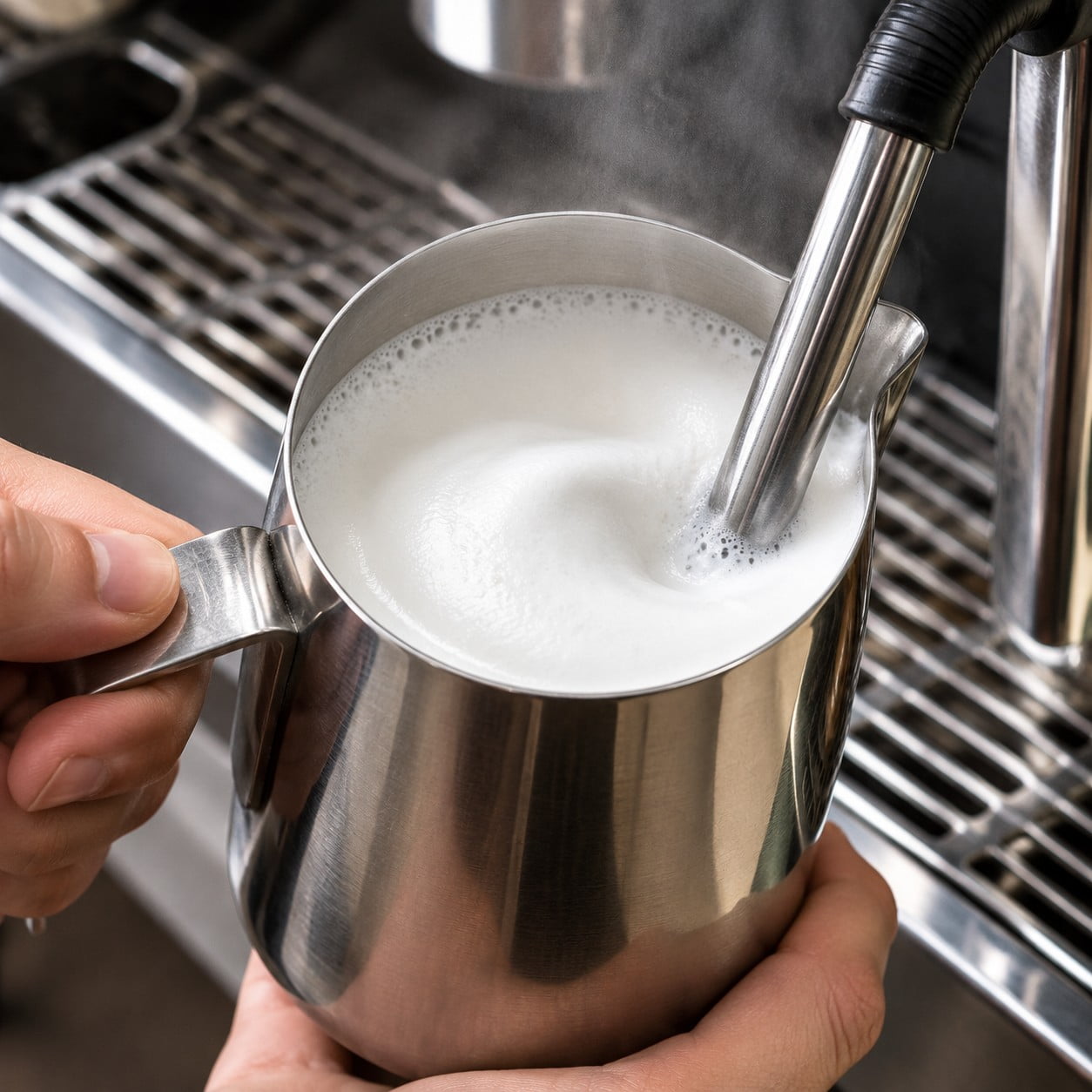 Barista inserting portafilter into compact thermo-block group head