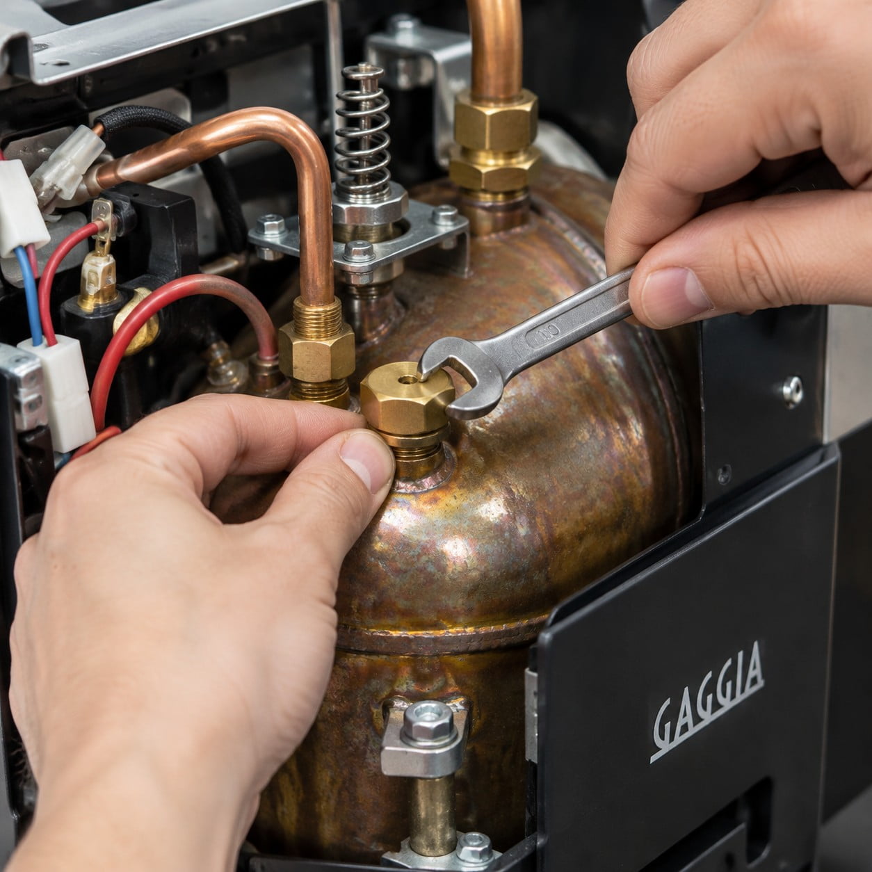 Full view of Gaggia Classic Pro espresso machine on workbench during maintenance