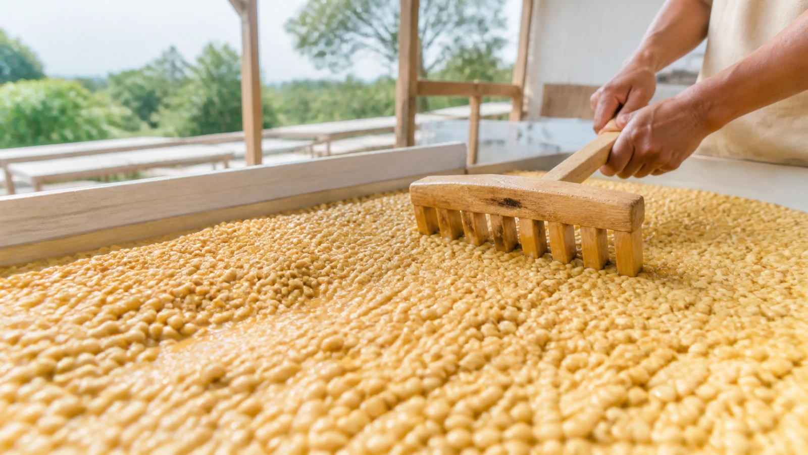 Coffee beans being raked across a drying bed