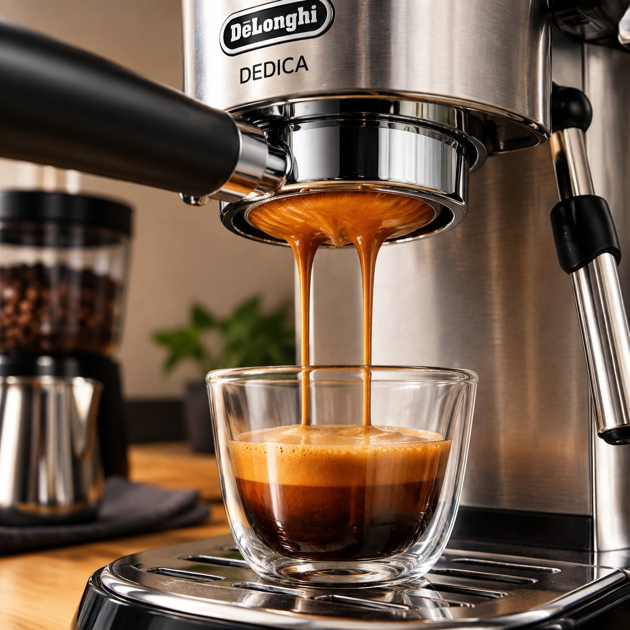 Extracting fresh espresso with rich crema through a bottomless Dedica portafilter