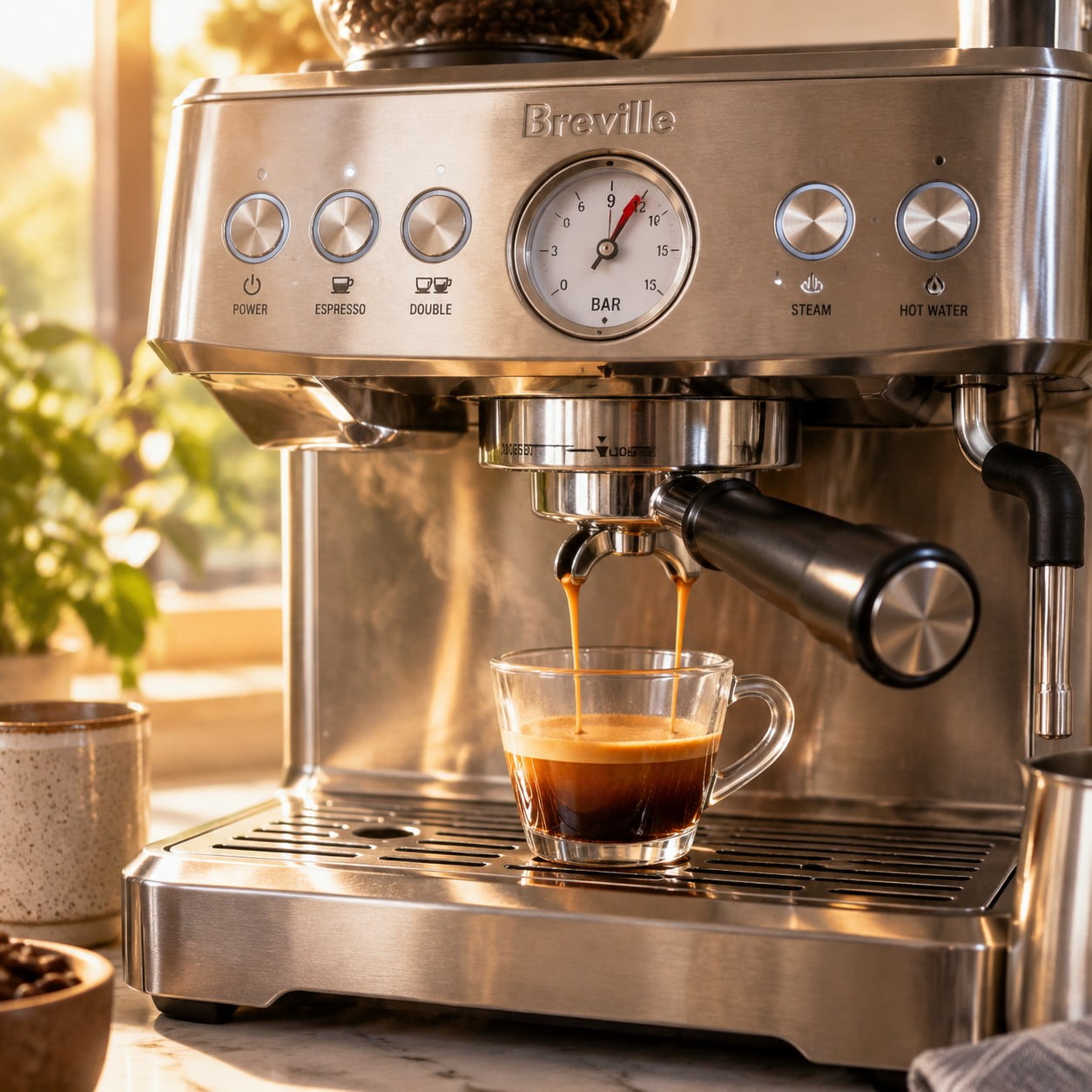 Full view of Barista Express pulling an espresso shot with gauge in proper range