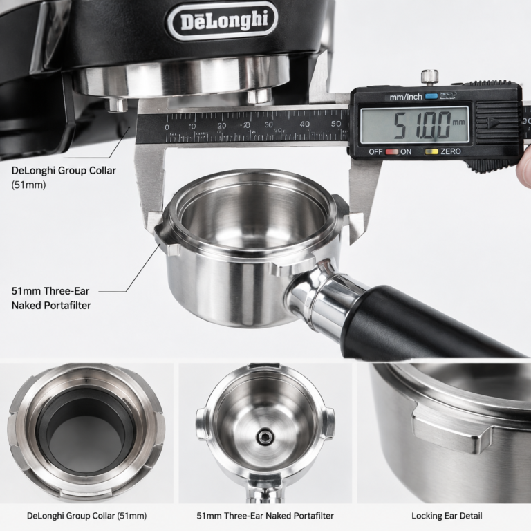 Precision digital caliper measurement of 51mm DeLonghi Dedica 3-ear portafilter tabs