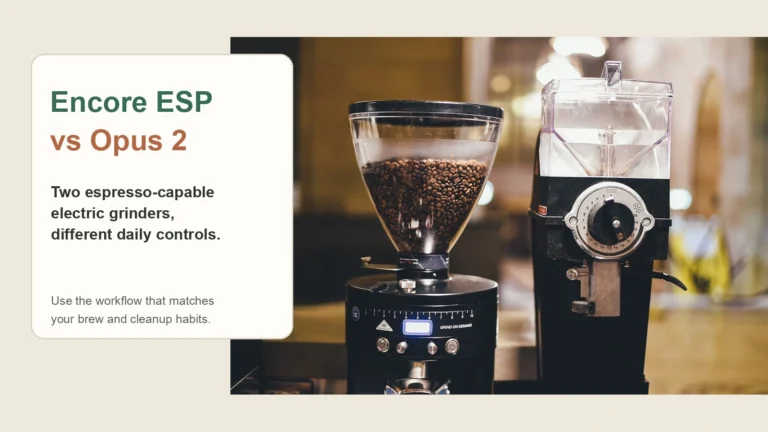 Coffee grinder beside a comparison title for the Baratza Encore ESP and Fellow Opus 2