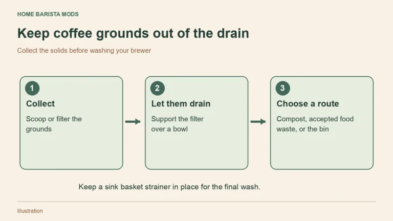 Three stages of coffee waste cleanup: collect the grounds, let them drain, and choose a waste destination