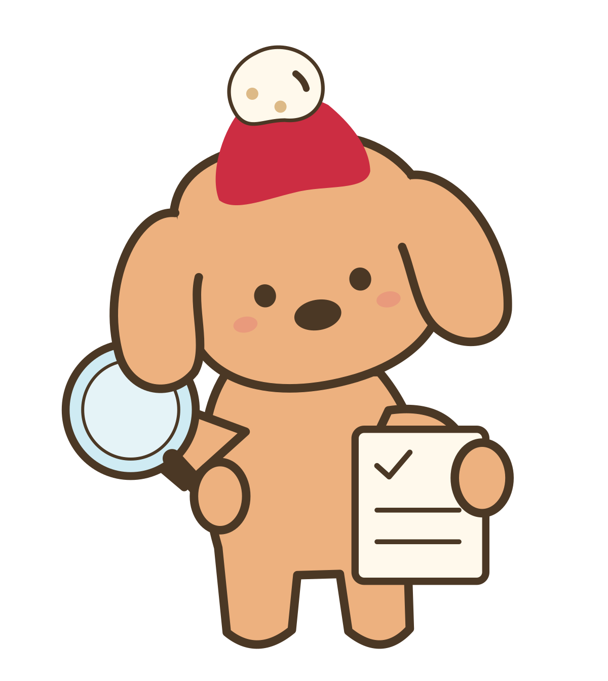 HBM coffee dog checking a revision card with a magnifying glass