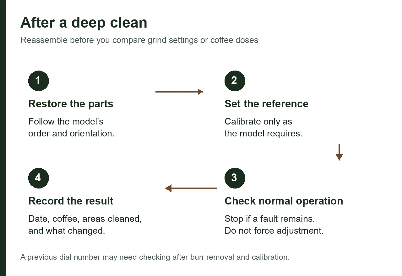 After cleaning, restore parts, calibrate as instructed, check operation, and log the result