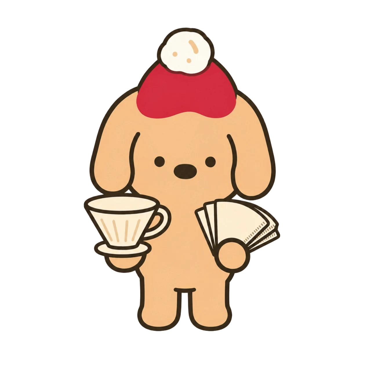 Brewster the coffee dog holding a pour-over dripper and paper filters