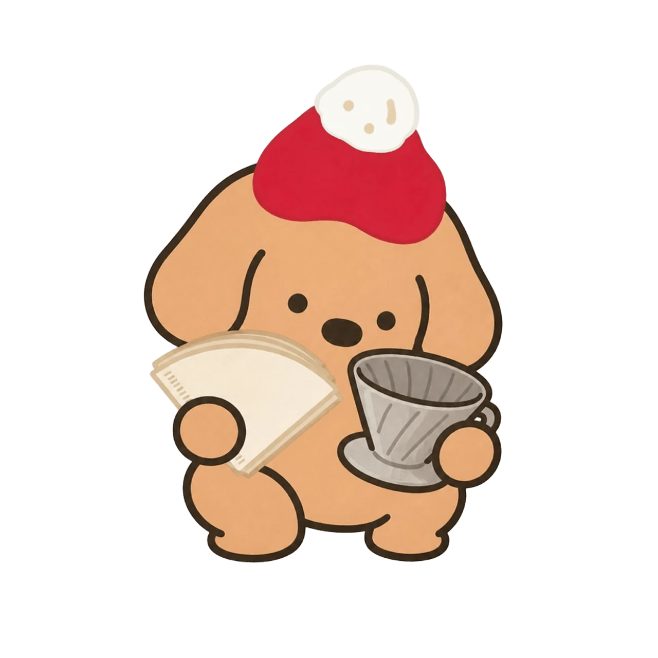 Brewster the coffee dog matching paper filters to a pour-over dripper