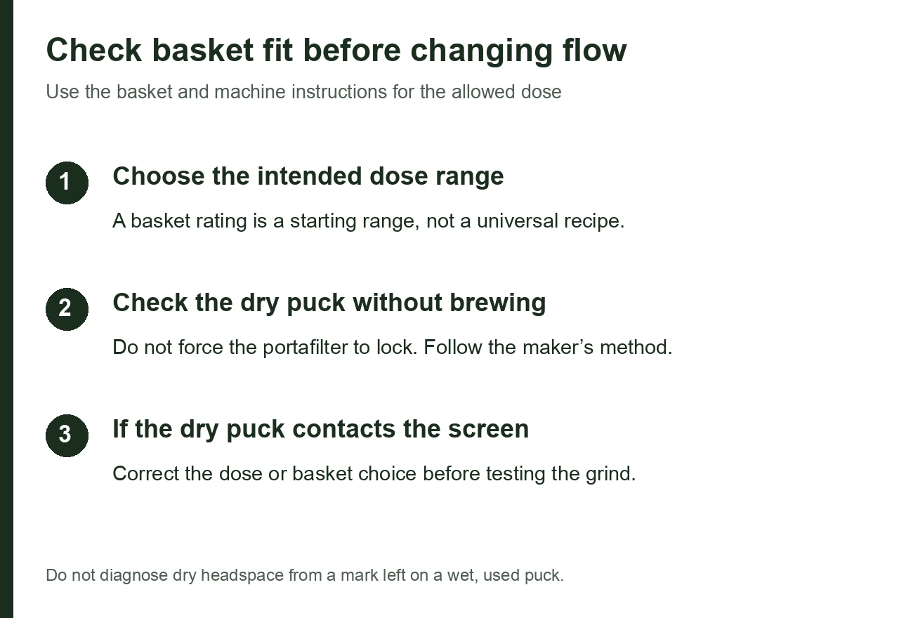 Check the intended basket dose, dry puck clearance and screen contact before changing grind