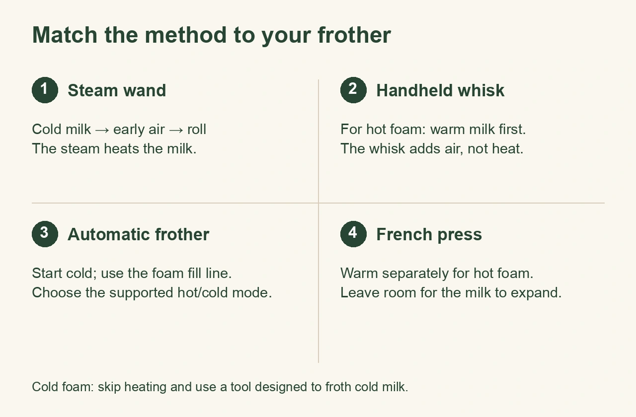 Oat milk methods compared: cold start for steam or automatic frothers, separate warming for a handheld whisk or French press