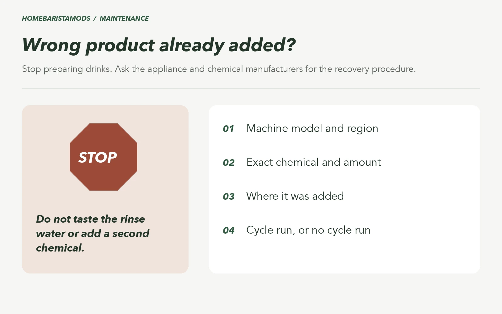 Stop making drinks and record the chemical, amount, placement and cycle for support