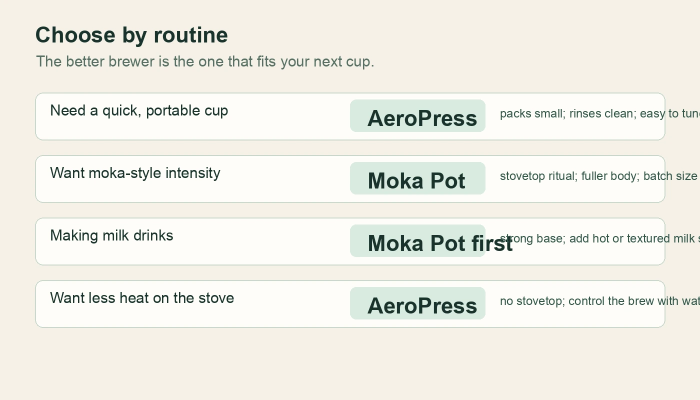 Decision guide for choosing between a Moka pot and an AeroPress